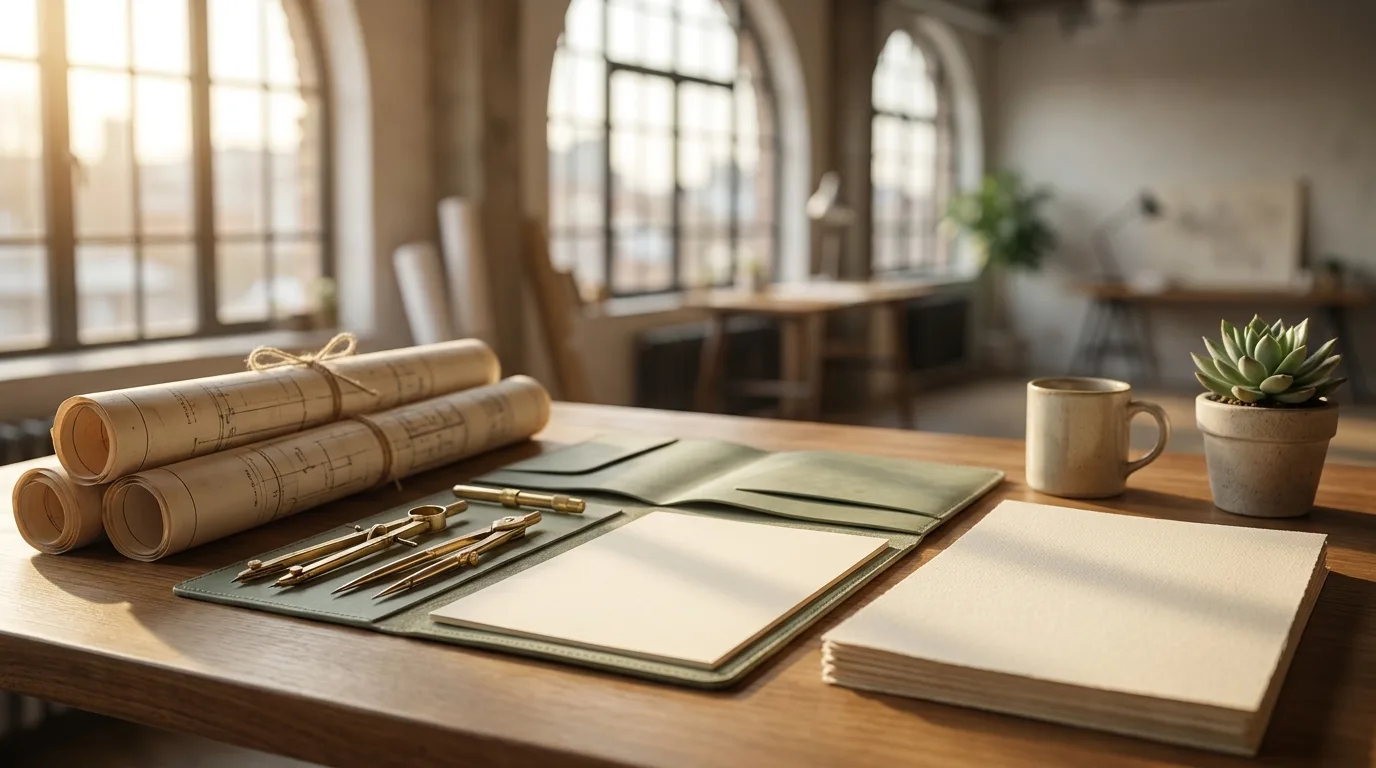 Architect desk with rolled blueprints
