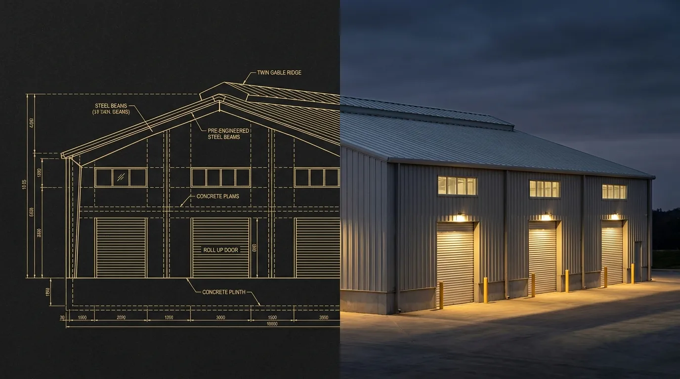 Split composition: gold blueprint elevation of a PEB factory resolving into the completed building at dusk