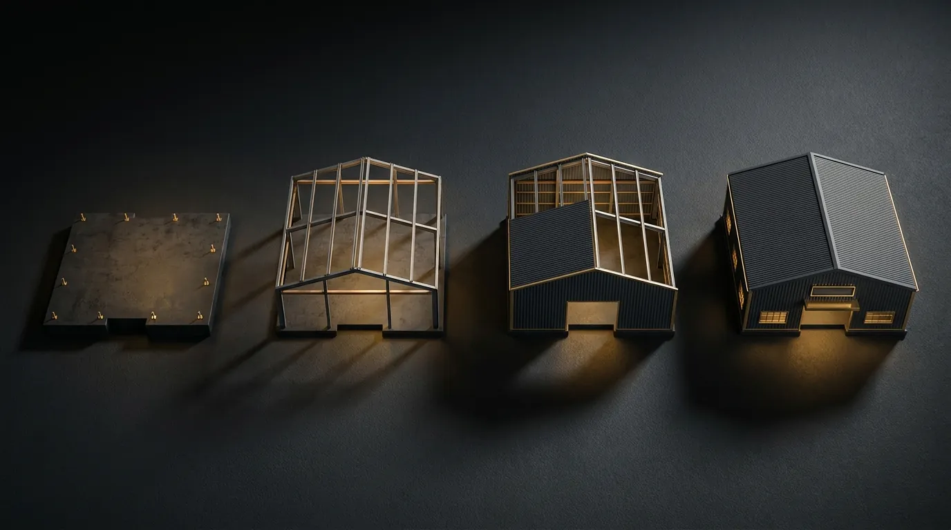Four models showing factory construction stages: foundation, steel frame, cladding, finished building