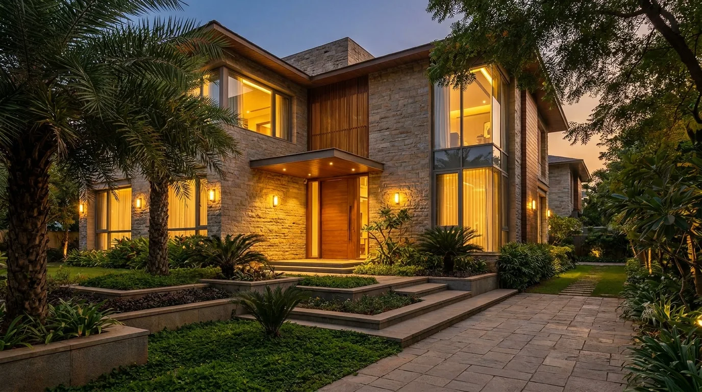 Exterior of a residential apartment building at dusk