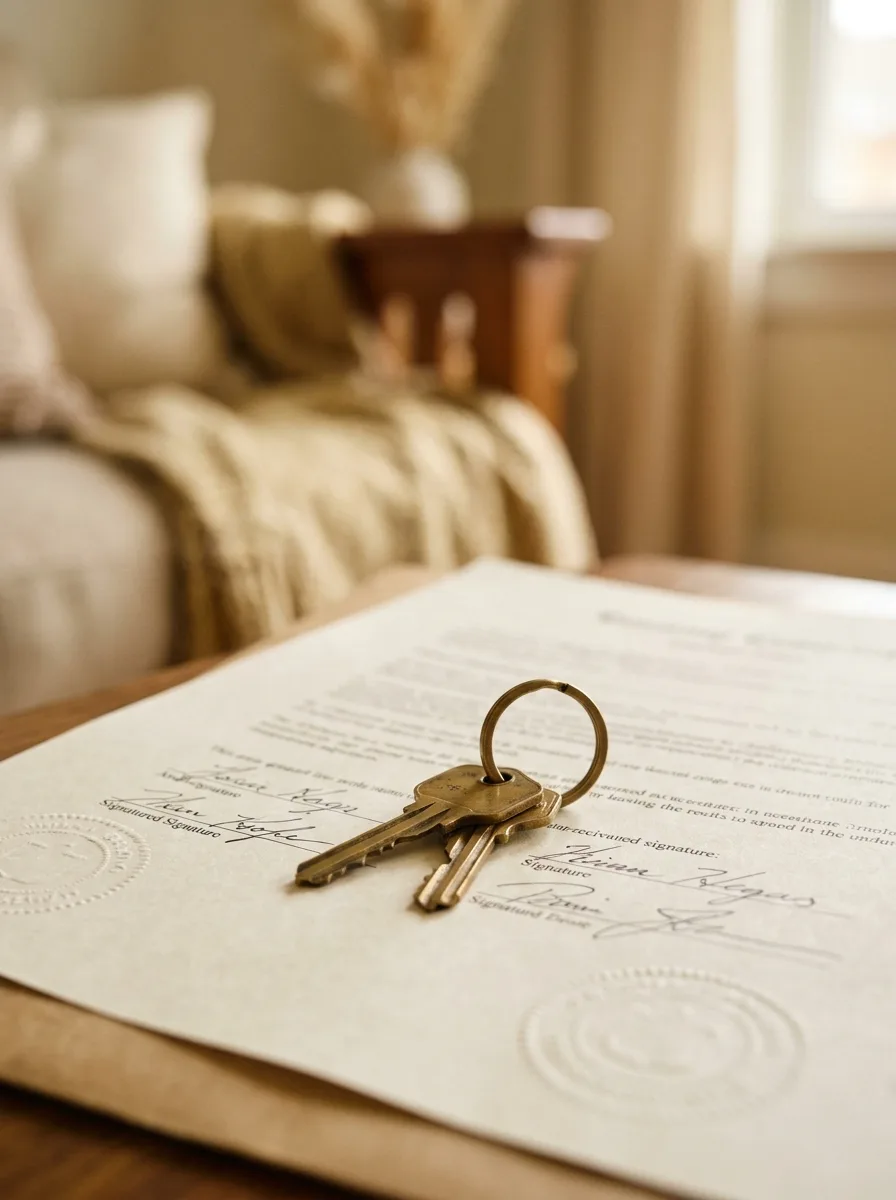 Macro of house keys with a brass keyring resting on a signed paper document