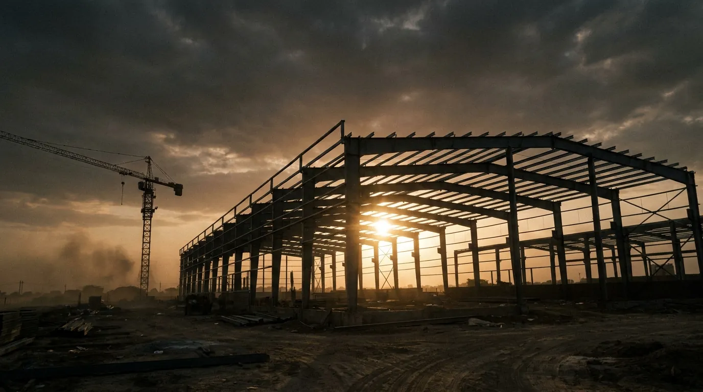 PEB portal-frame steel skeleton of a factory at golden hour on the Yamuna Expressway corridor