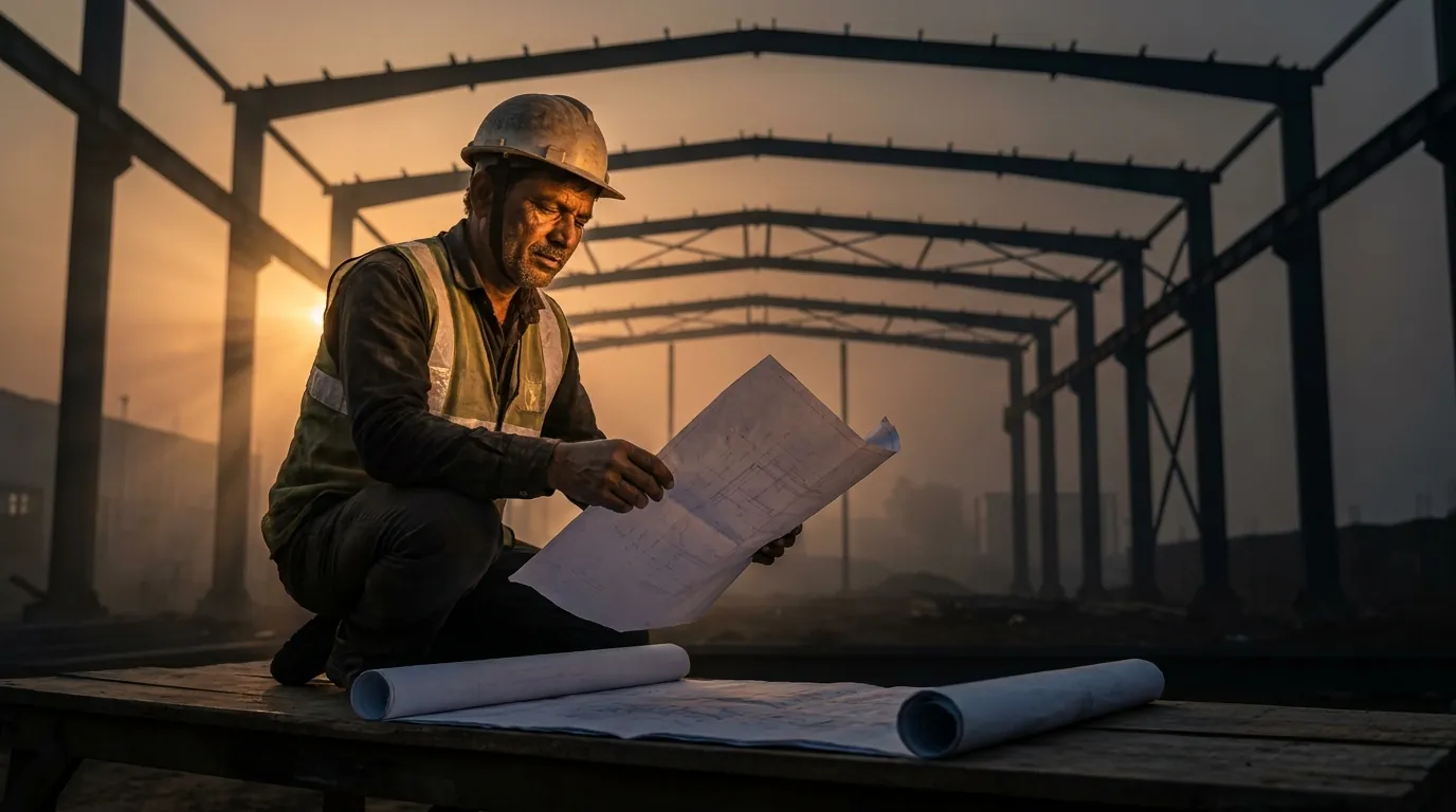 Construction foreman reviewing engineering drawings at dawn on an industrial site