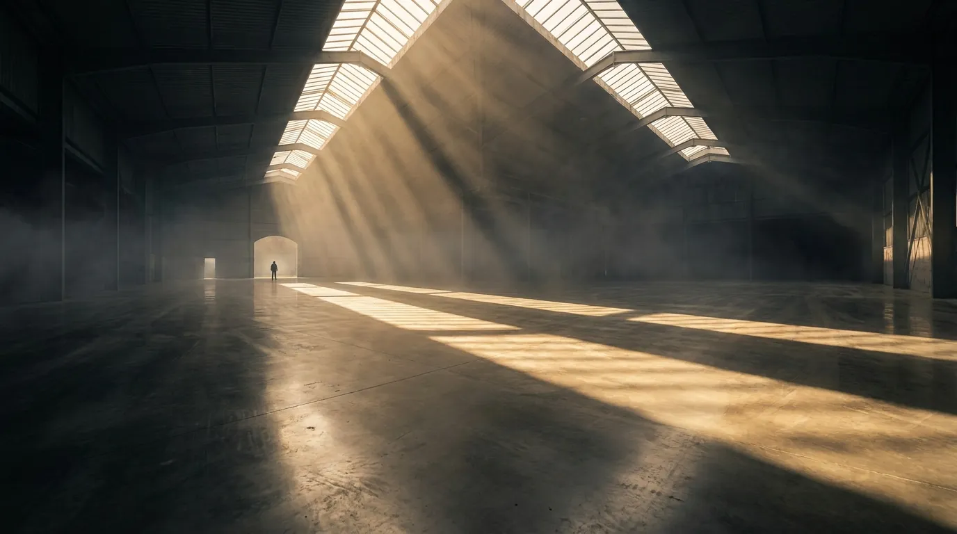Vast warehouse interior at dawn with gold light bands from ridge skylights on a concrete floor