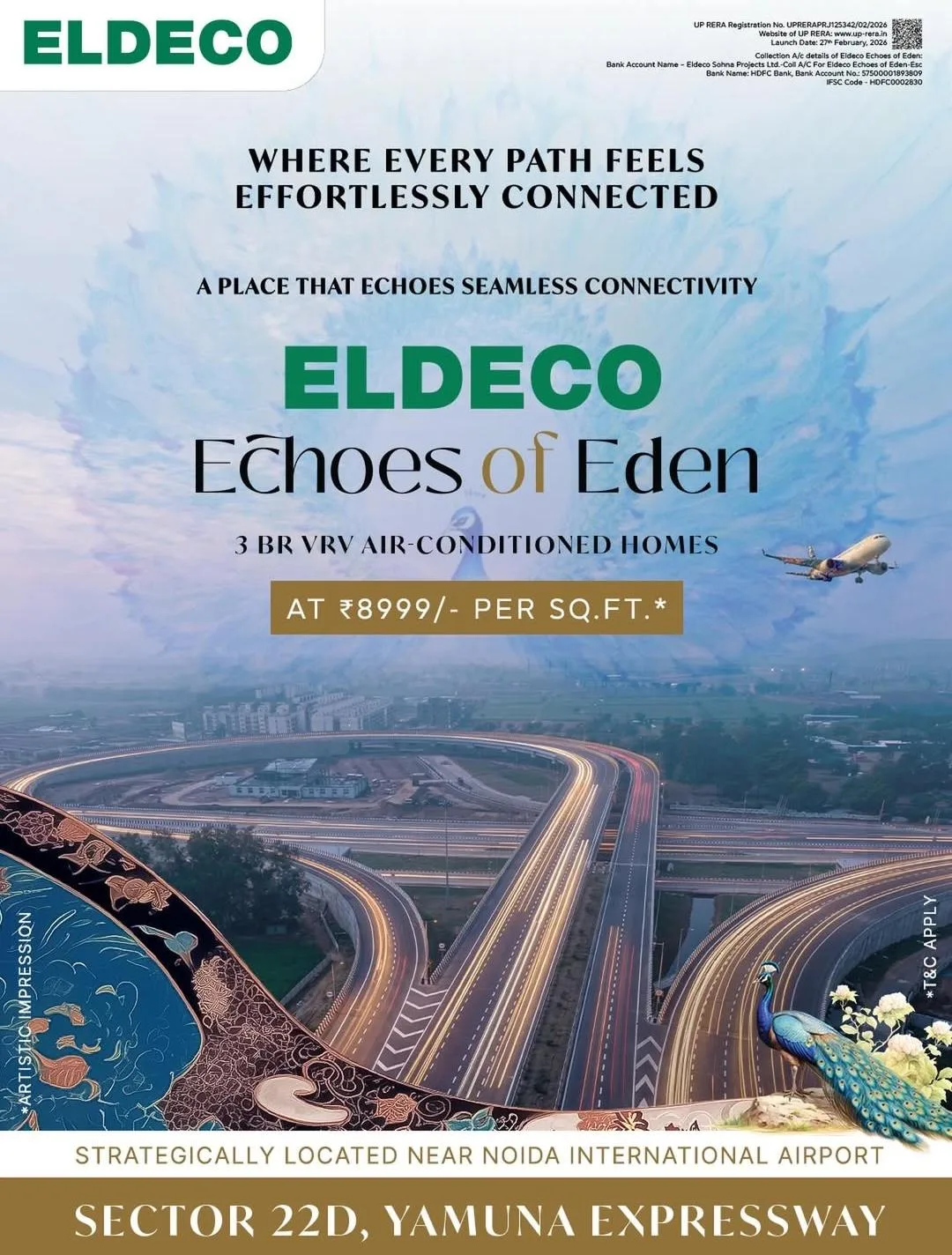 Eldeco Echoes of Eden — Strategically located near Noida International Airport (Jewar). Official Eldeco Yamuna Expressway aerial creative for Sector 22D 3 BR VRV homes.