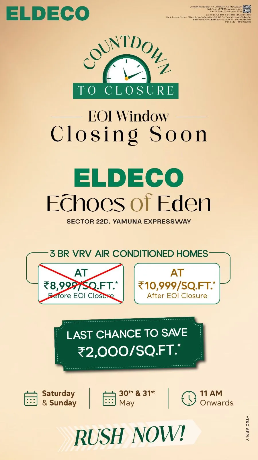 Eldeco Echoes of Eden — EOI Window Closing 30-31 May, 2026. Save ₹2,000/sq.ft before price rises from ₹8,999 to ₹10,999/sq.ft.